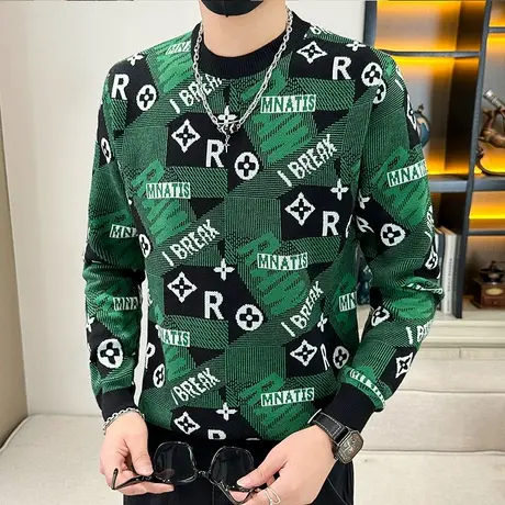 圆领毛衣男秋冬季潮牌提花长袖打底衫休闲青年毛线衣服男士针织衫商品大图