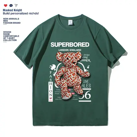 欧美潮牌ins港风潮流花纹小熊印花短袖t恤男宽松潮流纯棉情侣上衣商品大图