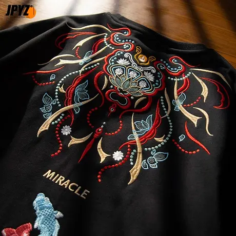 潮牌中山卫衣黑色锦鲤刺绣国潮男复古休闲圆领宽松春秋女长袖情侣图片