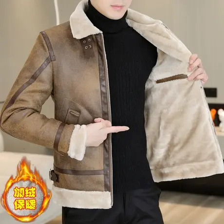 翻领鹿皮绒皮衣男士加绒加厚帅气皮毛一体外套冬装派克服潮流夹克商品大图
