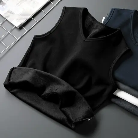 黑色背心男秋冬季内穿保暖加绒加厚健身运动坎肩V领无袖t恤打底衫商品大图