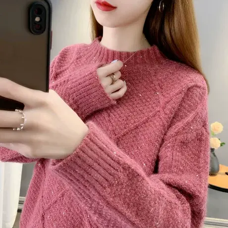 圆领毛衣女秋冬2024年新款韩版宽松加厚百搭慵懒风针织打底衫上衣商品大图