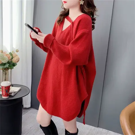 设计感系带V领毛衣女2022年新款秋冬宽松洋气减龄百搭打底针织衫商品大图