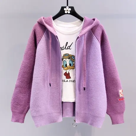 学院风撞色连帽毛衣外套女秋冬2023新款宽松设计感小众针织开衫商品大图