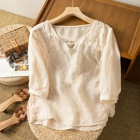 享永子刺绣苎麻上衣宽松气质文艺复古棉麻小衫薄百搭2024夏季新款图片