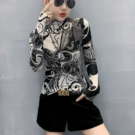 半高领打底衫女秋冬复古印花T恤女长袖修身洋气上衣紧身网纱小衫商品大图