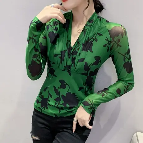 性感V领网纱打底衫女长袖设计感小众褶皱插肩上衣别致内搭打底衫图片