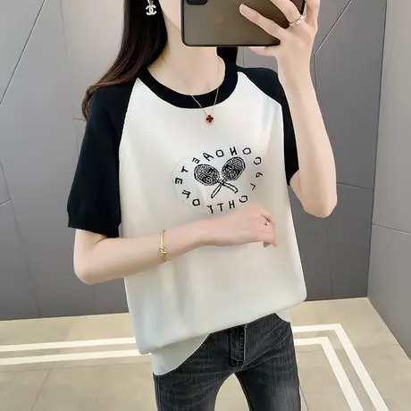 设计感小众洋气撞色上衣时尚针织短袖t恤女新款拼接修身打底衫潮商品大图
