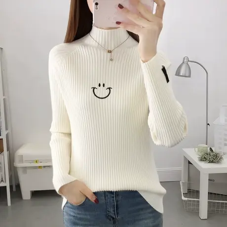 半高领笑脸针织打底衫女内搭2024秋冬新款弹力修身百搭加厚毛衣冬商品大图
