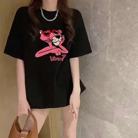 潮牌短袖t恤女黑色2023夏季新款美式复古中长款宽松大版纯棉上衣商品大图