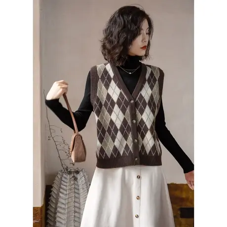弥古复古格子针织马甲开衫女士秋冬费尔岛毛衣背心马夹高级感上衣商品大图