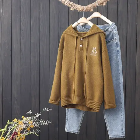 秋冬新款减龄连帽针织衫长袖毛衣女宽松显瘦套头帽衫打底上衣外搭图片