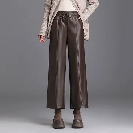 咖色九分皮裤阔腿裤女2023新款秋冬高腰宽松休闲裤垂感百搭直筒裤商品大图