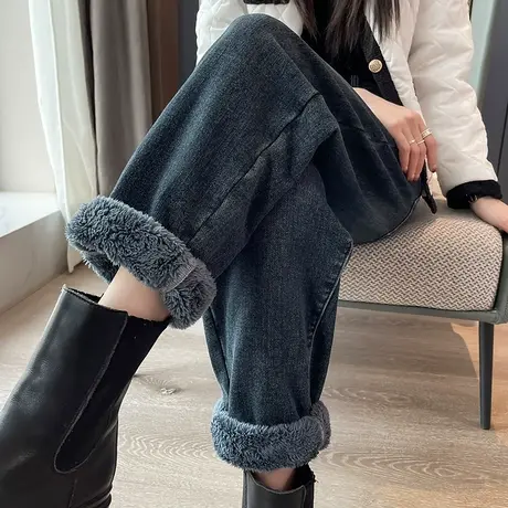 加绒加厚牛仔裤女秋冬季2023年新款宽松高腰哈伦老爹裤羊羔绒裤子商品大图