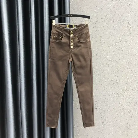 韩国加绒加厚铅笔裤女秋冬新款咖啡色设计感时尚紧身小脚牛仔裤子图片