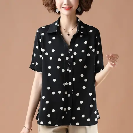 休闲衬衫女短袖夏季新款加肥加大码女装宽松百搭显瘦波点雪纺衬衣商品大图