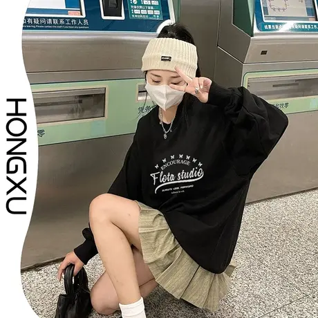 红续2023年冬季新款简约印花卫衣女oversize显瘦百搭印花上衣加厚图片