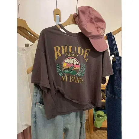 自留！设计感配高腰裤绝绝子 度假印花短款雪花棉宽松短袖T恤女图片