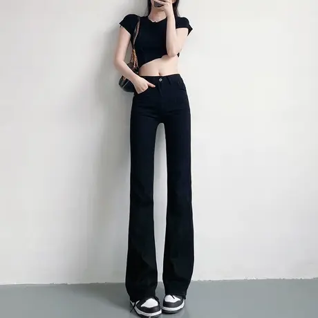 高腰微喇牛仔裤女秋季薄款黑色百搭高弹紧身显瘦拖地马蹄喇叭裤子商品大图