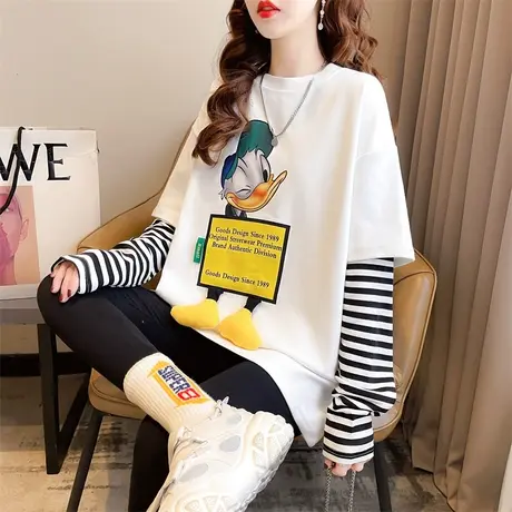 早春装长袖t恤女秋冬季韩版宽松加绒德绒内搭假两件打底衫上衣商品大图