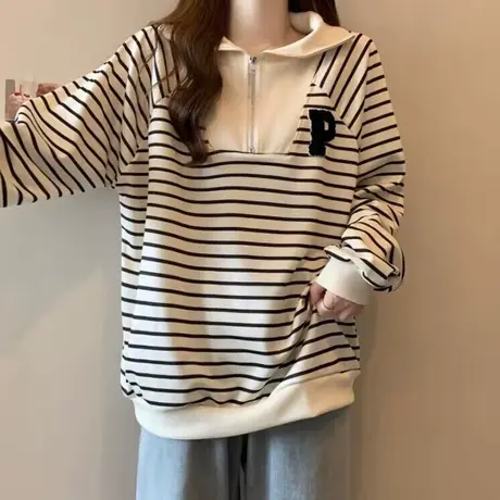 条纹长袖卫衣女2023秋季新款宽松显瘦半拉链POLO领立领上衣外套潮商品大图