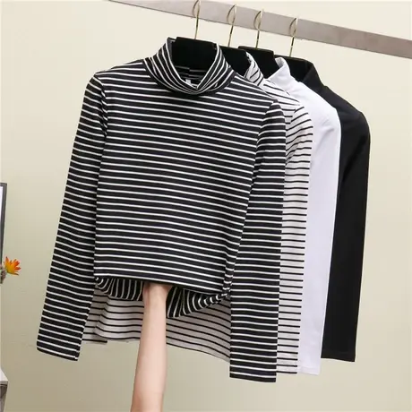 2024年新款春秋冬季黑色条纹上衣内搭白色半高领打底衫女长袖t恤商品大图