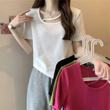 夏季2024年新款设计感不规则短款锁骨打底衫显瘦短袖T恤上衣女装商品大图