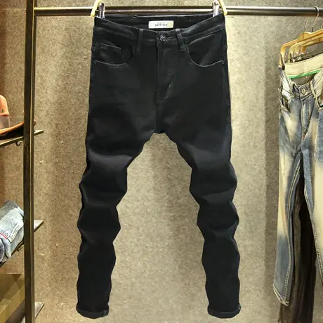 男士黑色牛仔裤修身弹力小脚裤秋冬款高端潮牌帅气百搭显瘦长裤子图片