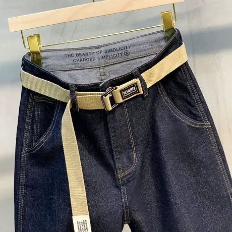 赤耳丹宁深蓝色小脚九分牛仔裤男士四季潮流直筒宽松休闲秋季裤子商品大图