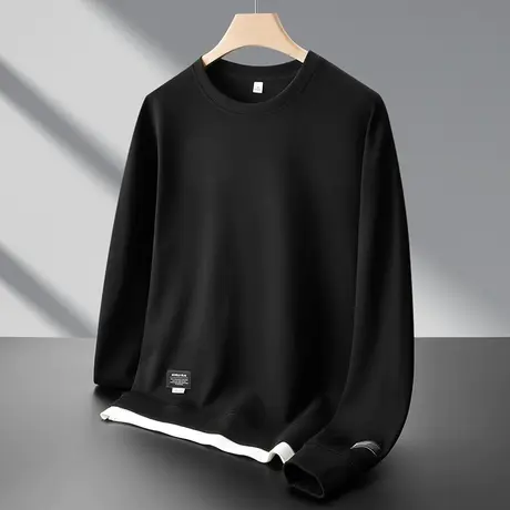 秋冬季纯黑色圆领卫衣下摆假两件2024新款男士套头tT恤内搭打底衫商品大图