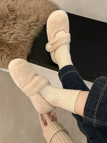 网红白色毛毛鞋女外穿2023秋冬新款孕妇鞋一脚蹬豆豆鞋加绒棉瓢鞋商品大图