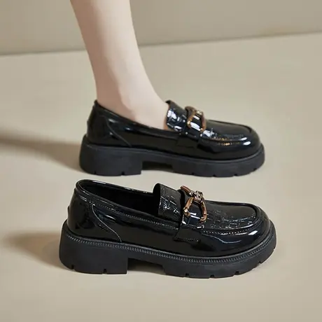 软皮乐福鞋女2023年春秋新款一脚蹬单鞋厚底豆豆鞋英伦风jk小皮鞋商品大图