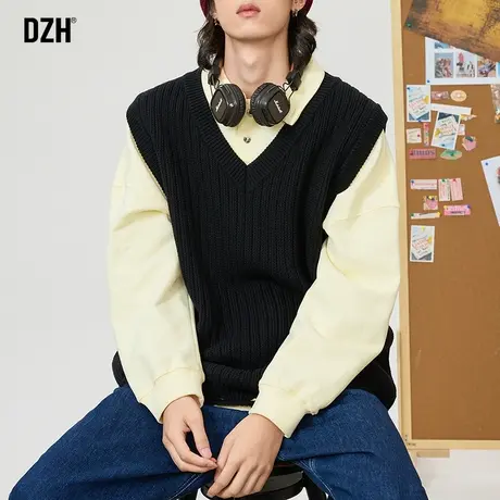 男士黑色v领毛衣马甲针织背心男秋冬保暖打底内搭加厚坎肩针织衫商品大图