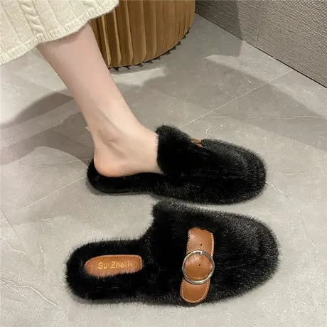 小香风高级感毛毛拖鞋女外穿2024年秋冬季新款居家包头棉拖穆勒鞋商品大图