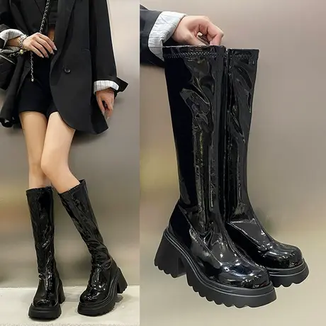 厚底小个子长筒靴女靴子2023新款秋冬长靴瘦瘦靴高筒骑士靴高跟鞋商品大图