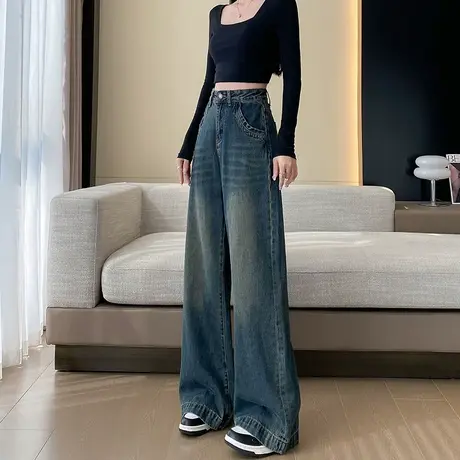 复古宽松阔腿牛仔裤女设计感春秋新款高腰显瘦小个子拖地直筒裤潮图片