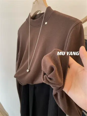 领子真耐搭！小中领 领口吊坠铁片装饰 加绒弹力打底衫T恤女长袖商品大图