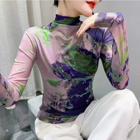 半高领打底衫女长袖欧货网纱印花时尚气质减龄内塔上衣修身T恤潮商品大图