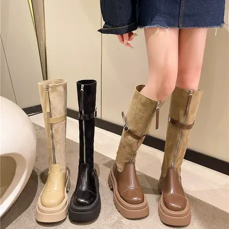 长靴女2023年新款秋冬炸街小众小个子增高厚底靴子复古粗跟弹力靴图片