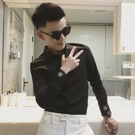 纯色衬衫潮男2023秋季新款时尚韩版修身社会小伙网红同款潮流衬衣商品大图