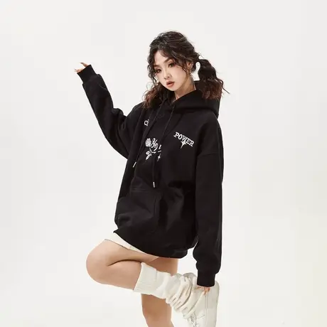YEP花朵字母刺绣黑色连帽卫衣女春秋2024新款潮牌oversize外套商品大图