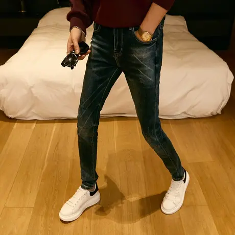 2023秋冬新款复古磨白牛仔裤男潮修身小脚裤青年百搭猫须铅笔长裤商品大图