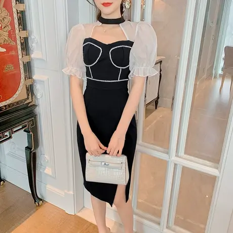 设计感小众泡泡袖小礼服平时可穿挂脖收腰显瘦连衣裙开叉小黑裙夏商品大图