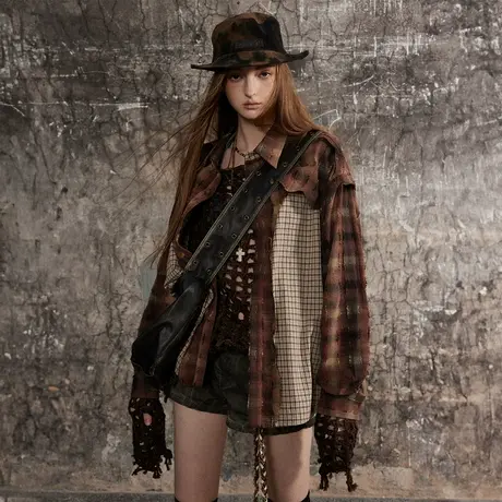 设计感潮牌拼接美拉德格子衬衫女2024春季新款复古情侣装宽松衬衣图片
