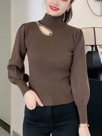 今年流行秋冬新款半高领内搭打底衫女钉珠镂空泡泡袖针织衫女上衣图片