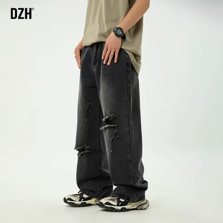 男生复古破洞牛仔裤男宽松直筒微喇休闲裤子男款美式做旧男裤百搭商品大图