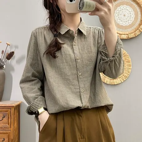 纯棉文艺复古宽松条纹衬衫女双层棉纱布长袖衬衣春秋新款百搭上衣商品大图