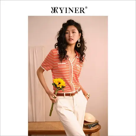 YINER音儿女装夏季翻领短袖金属闪丝条纹针织衫商品大图