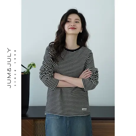 嘉茱莉2024春季新款条纹长袖T恤女设计感宽松上衣圆领内搭打底衫商品大图