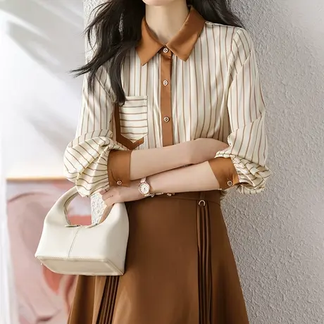 韩潮袭人高级感撞色条纹POLO领衬衫百搭气质长袖衬衣女商品大图